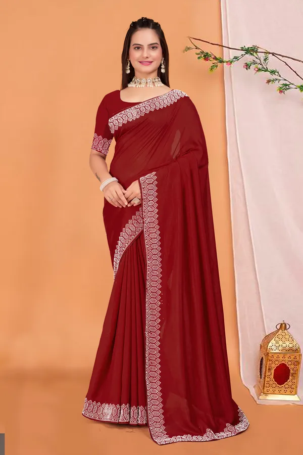 Maroon_Georgette_Premium_Embroidered_Saree_With_Matching_Blouse_For_Women