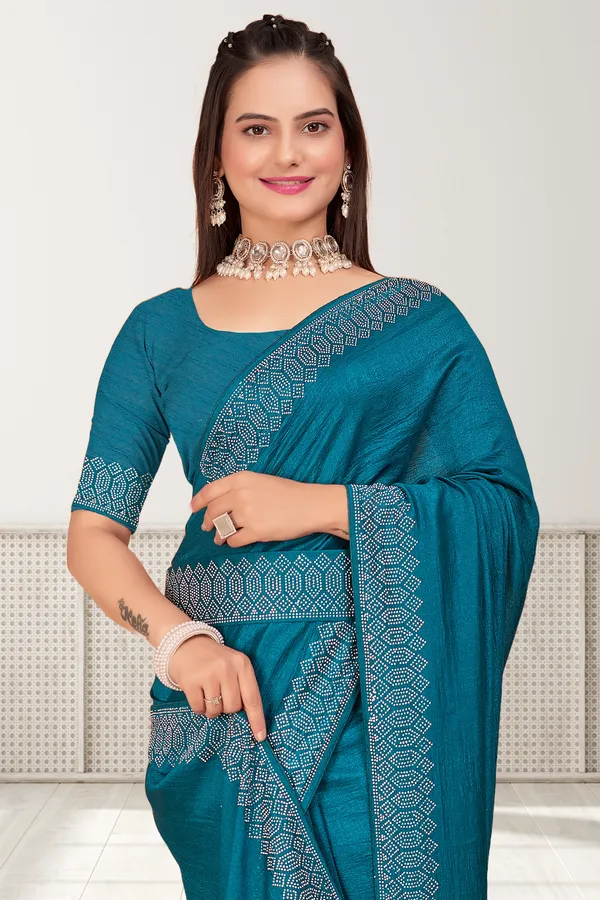 Teal_Blue_Elegant__Georgette_Premium_Embroidered_Saree_With_Matching_Blouse_For_Women