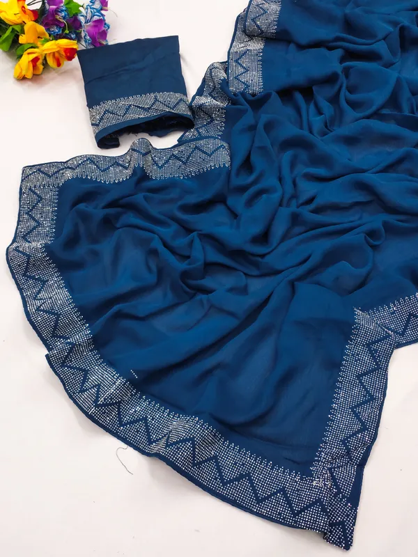 Teal_Blue_Georgette_Premium_Embroidered_Saree_With_Matching_Blouse_For_Women