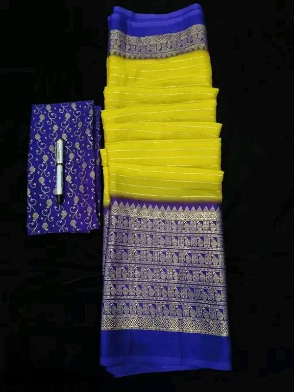 Yellow_&_Blue_Georgette_Premium_Embroidered_Saree_With_Matching_Blouse_For_Women