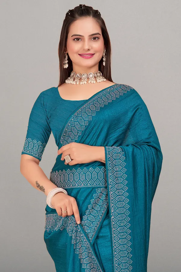 Teal_Blue_Georgette_Premium_Embroidered_Saree_With_Matching_Blouse_For_Women