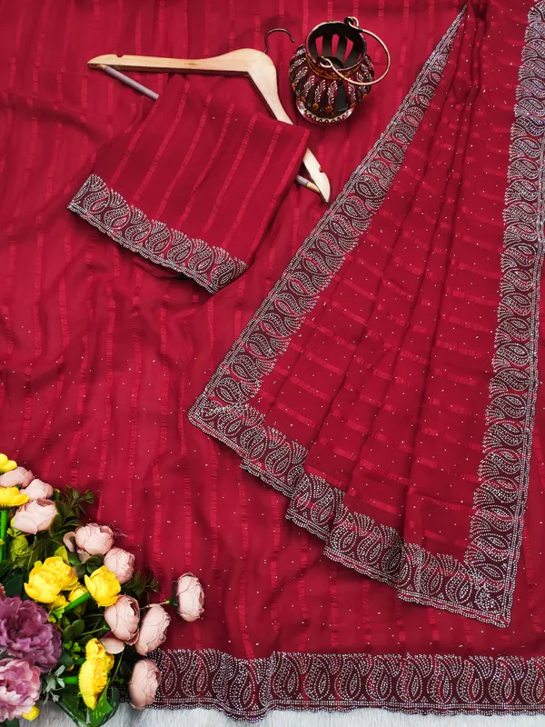 Red_Georgette_Premium_Embroidered_Saree_With_Matching_Blouse_For_Women