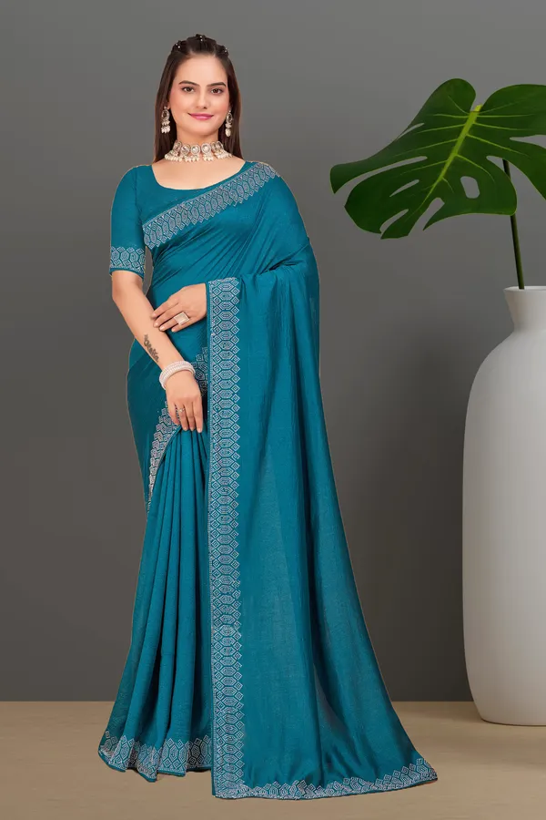 Teal_Blue_Georgette_Premium_Embroidered_Saree_With_Matching_Blouse_For_Women
