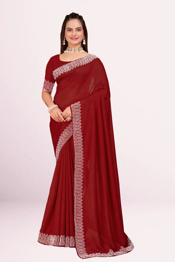 Maroon_Georgette_Premium_Embroidered_Saree_With_Matching_Blouse_For_Women