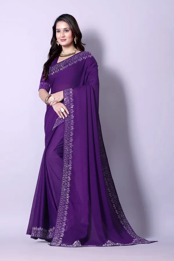 Blue_Elegant__Georgette_Premium_Embroidered_Saree_With_Matching_Blouse_For_Women