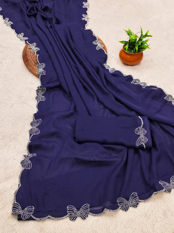 Navy_Blue_Georgette_Premium_Embroidered_Saree_With_Matching_Blouse_For_Women