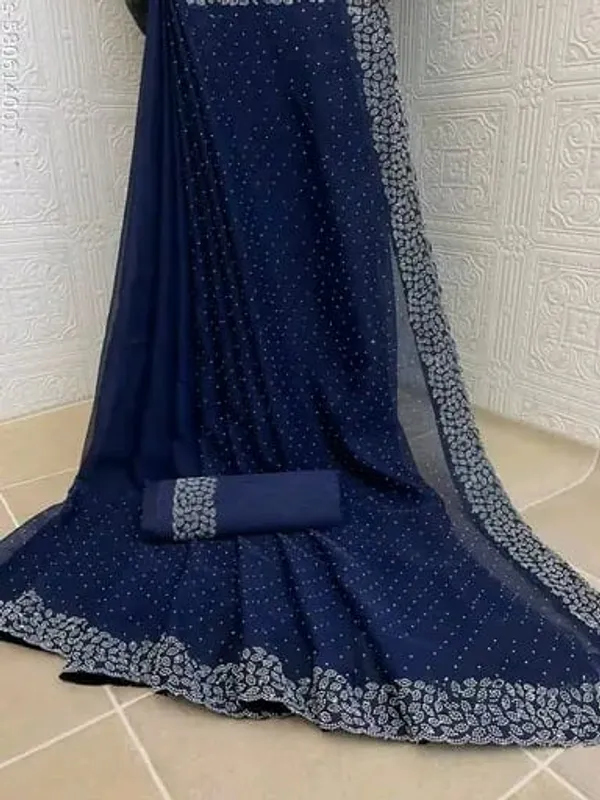 Navy_Blue_Georgette_Premium_Embroidered_Saree_With_Matching_Blouse_For_Women