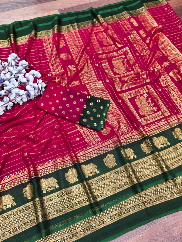 Pink_&_Green_Georgette_Premium_Embroidered_Saree_With_Matching_Blouse_For_Women