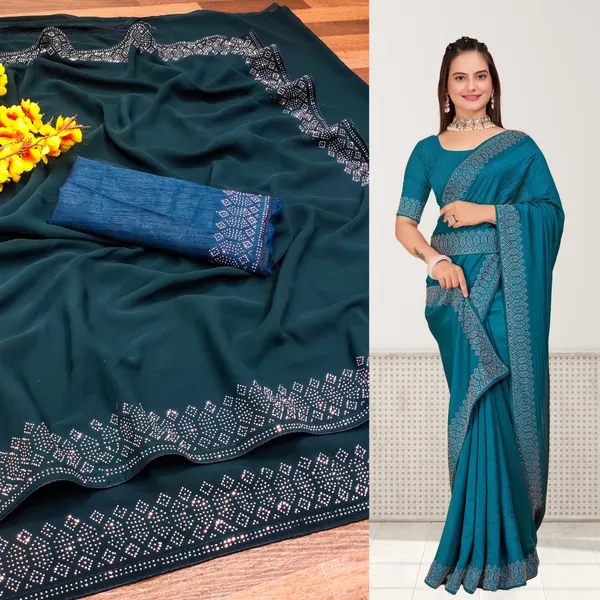 Teal_Blue_Georgette_Premium_Embroidered_Saree_With_Matching_Blouse_For_Women