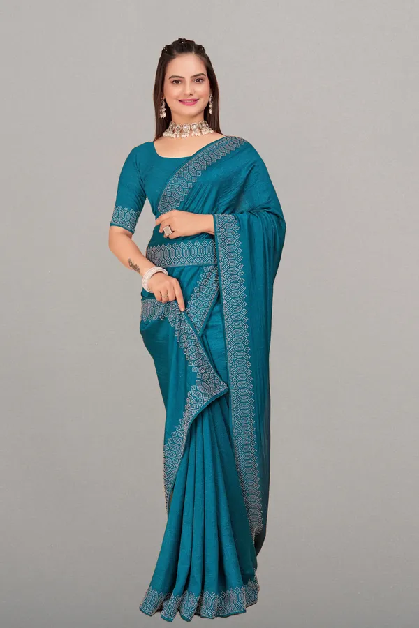Teal_Blue_Georgette_Premium_Embroidered_Saree_With_Matching_Blouse_For_Women