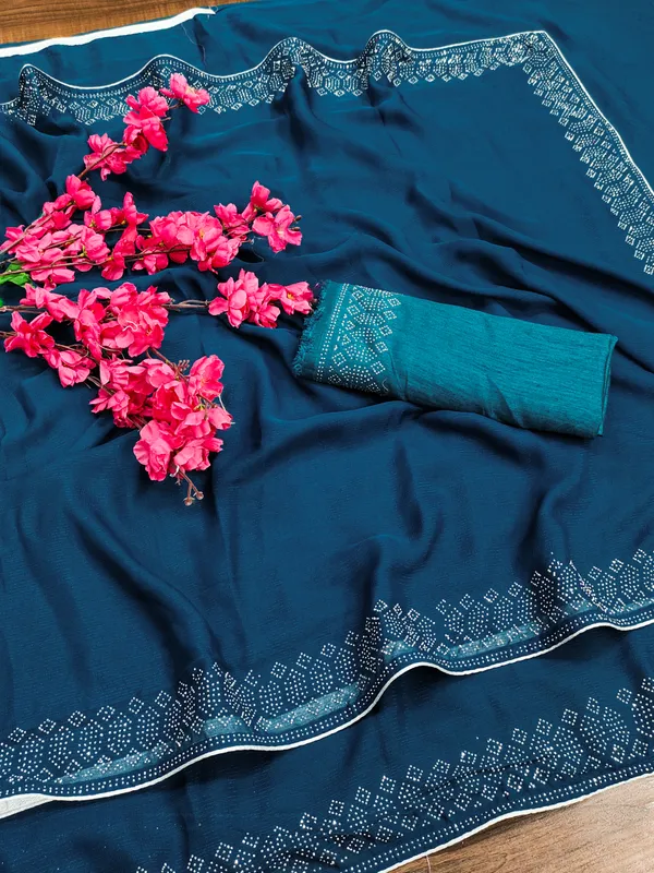 Teal_Blue_Georgette_Premium_Embroidered_Saree_With_Matching_Blouse_For_Women