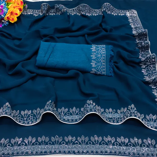 Teal_Blue_Georgette_Premium_Embroidered_Saree_With_Matching_Blouse_For_Women