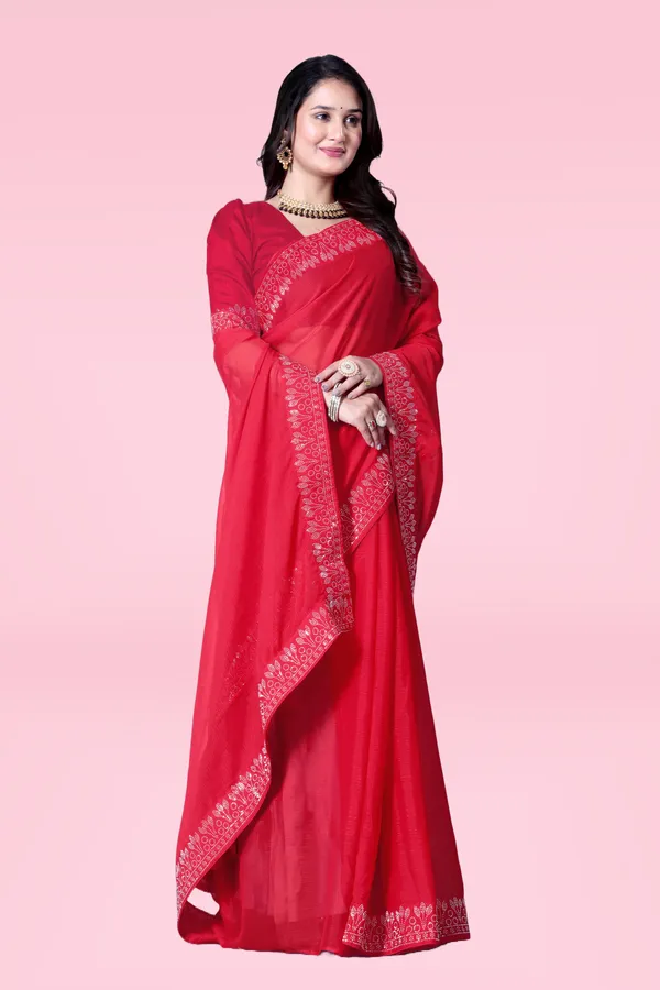 Red_Georgette_Premium_Embroidered_Saree_With_Matching_Blouse_For_Women