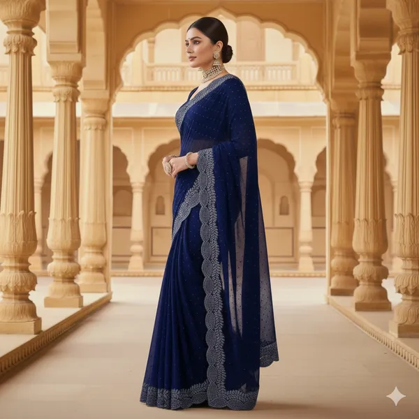 Navy_Blue_Georgette_Premium_Embroidered_Saree_With_Matching_Blouse_For_Women