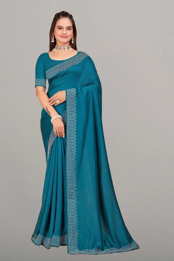Teal_Blue_Georgette_Premium_Embroidered_Saree_With_Matching_Blouse_For_Women