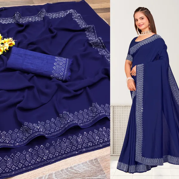 Navy_Blue_Georgette_Premium_Embroidered_Saree_With_Matching_Blouse_For_Women