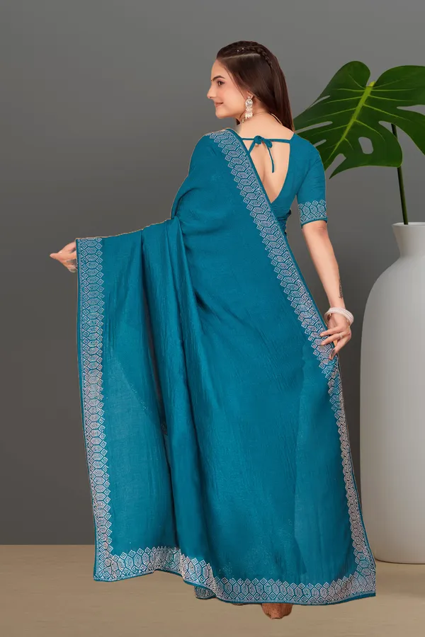 Teal_Blue_Georgette_Premium_Embroidered_Saree_With_Matching_Blouse_For_Women