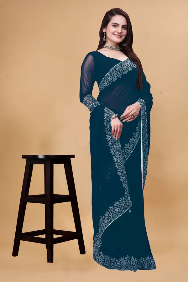 Teal_Blue_Georgette_Premium_Embroidered_Saree_With_Matching_Blouse_For_Women