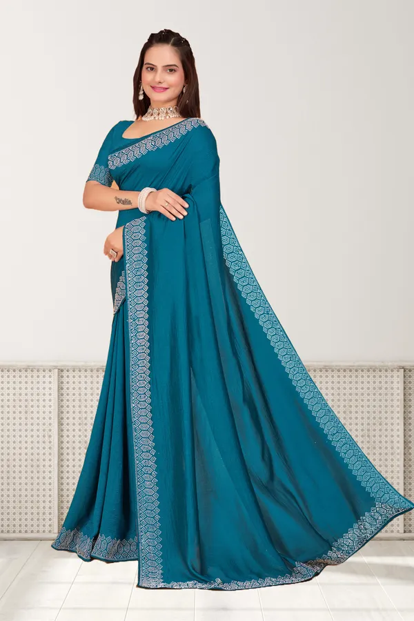 Teal_Blue_Elegant__Georgette_Premium_Embroidered_Saree_With_Matching_Blouse_For_Women