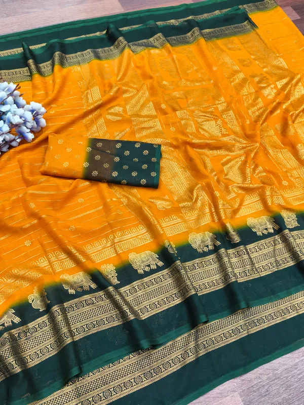 Green_&_Yellow_Georgette_Premium_Embroidered_Saree_With_Matching_Blouse_For_Women