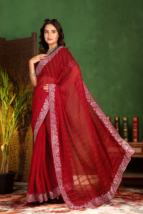 Red_Georgette_Premium_Embroidered_Saree_With_Matching_Blouse_For_Women