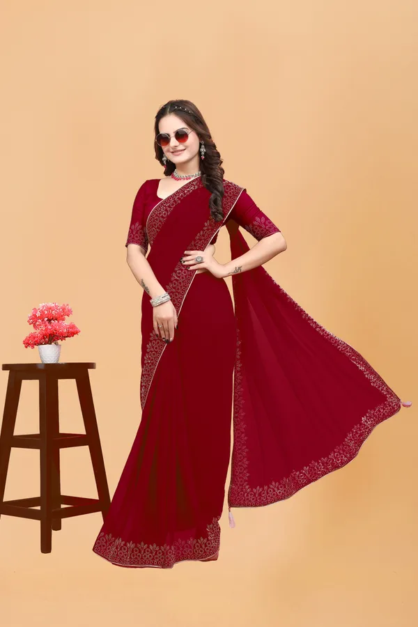 Red_Georgette_Premium_Embroidered_Saree_With_Matching_Blouse_For_Women