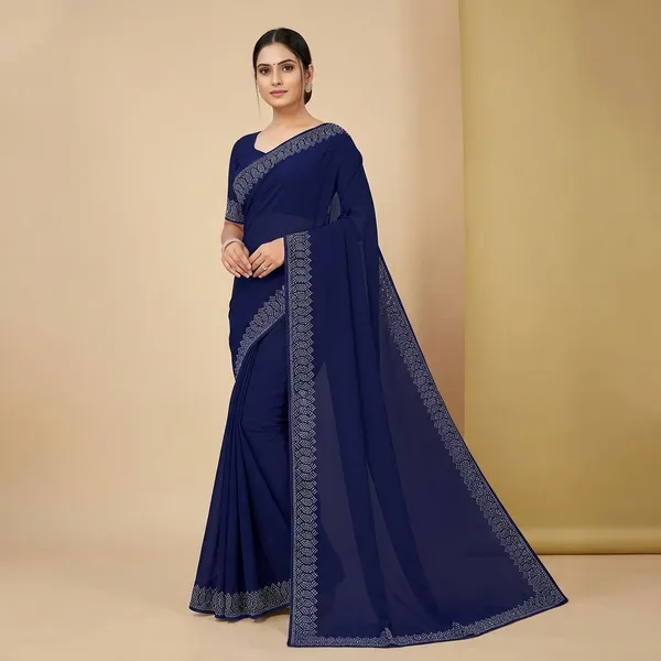 Navy_Blue_Georgette_Premium_Embroidered_Saree_With_Matching_Blouse_For_Women