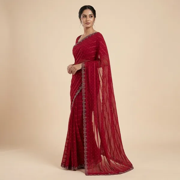 Red_Georgette_Premium_Embroidered_Saree_With_Matching_Blouse_For_Women
