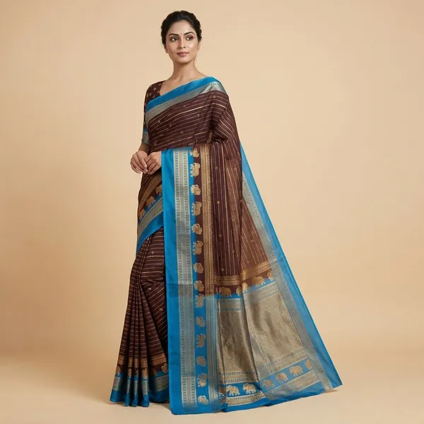 Brown_Georgette_Premium_Embroidered_Saree_With_Matching_Blouse_For_Women