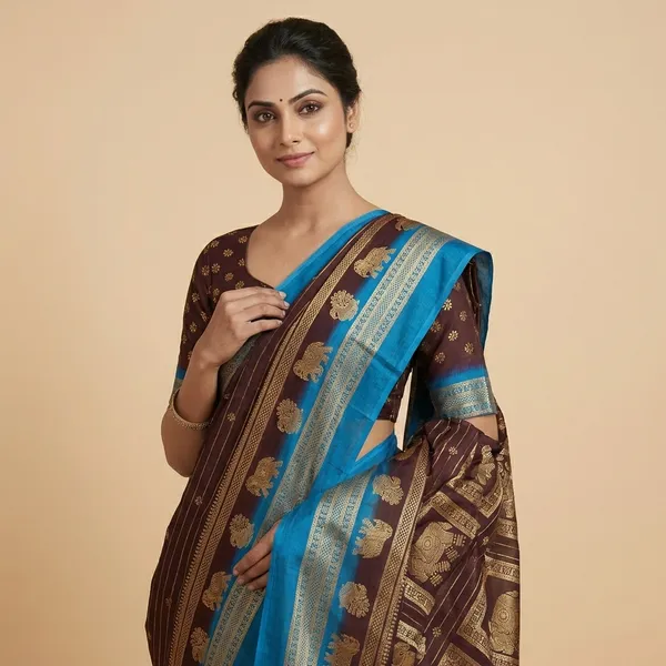 Brown_Georgette_Premium_Embroidered_Saree_With_Matching_Blouse_For_Women