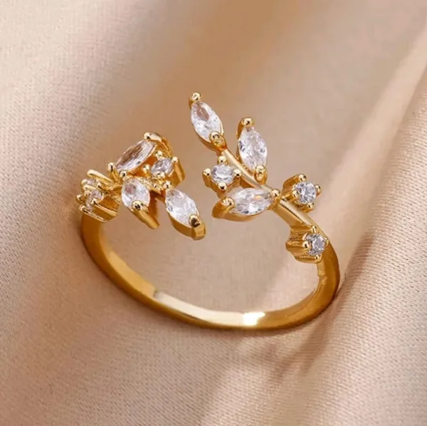 Elegant_Gold_Plated_Cubic_Zirconia_Leaf_Design_Adjustable_Ring_For_Women