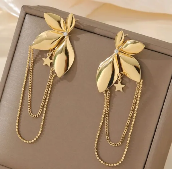 Gold_Toned_Floral_Drop_Earrings_With_Chain_Detail_And_Star_Charms_For_Women