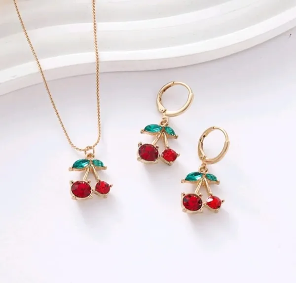 Cherry_Pendant_Necklace_And_Earring_Set_For_Women
