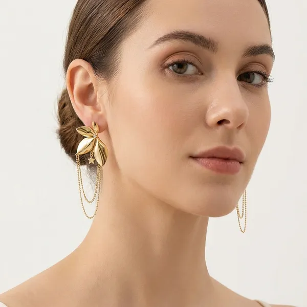 Gold_Toned_Floral_Drop_Earrings_With_Chain_Detail_And_Star_Charms_For_Women
