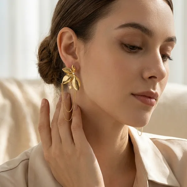 Gold_Toned_Floral_Drop_Earrings_With_Chain_Detail_And_Star_Charms_For_Women