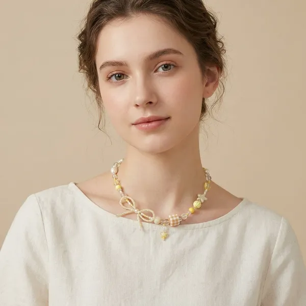 Cream_And_Yellow_Beaded_Flower_Charm_Necklace_With_Bow_For_Women