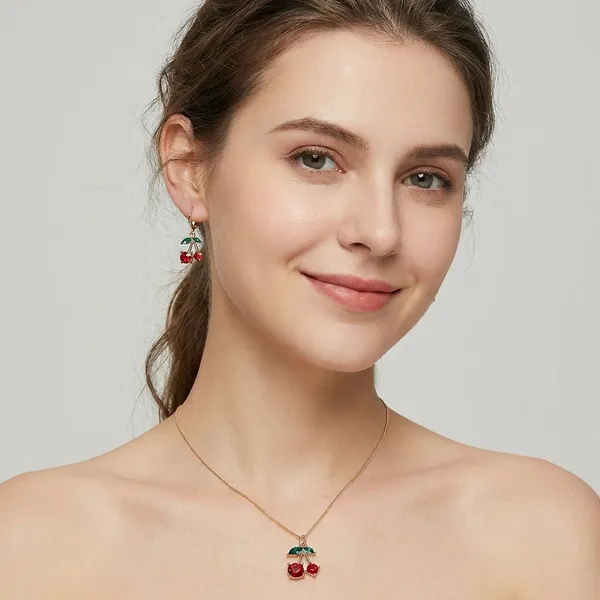 Cherry_Pendant_Necklace_And_Earring_Set_For_Women