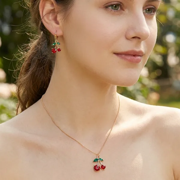Cherry_Pendant_Necklace_And_Earring_Set_For_Women