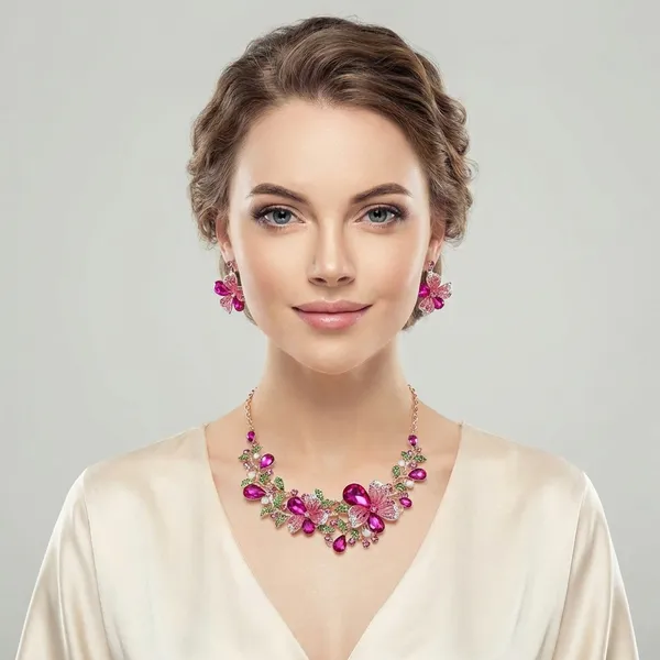 Crystal_Flower_Statement_Necklace_And_Earrings_Set_Pink_And_Green_For_Women