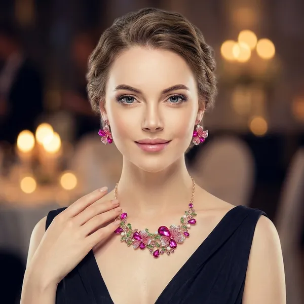 Crystal_Flower_Statement_Necklace_And_Earrings_Set_Pink_And_Green_For_Women