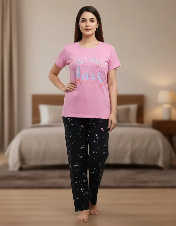 Pink_And_Black_Satin_Star_Print_Loose_Fit_Pajama_Set_For_Women