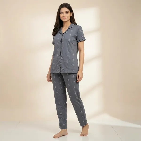 Grey_Satin_Floral_Printed_Loose_Fit_Night_Suit_Set_For_Women