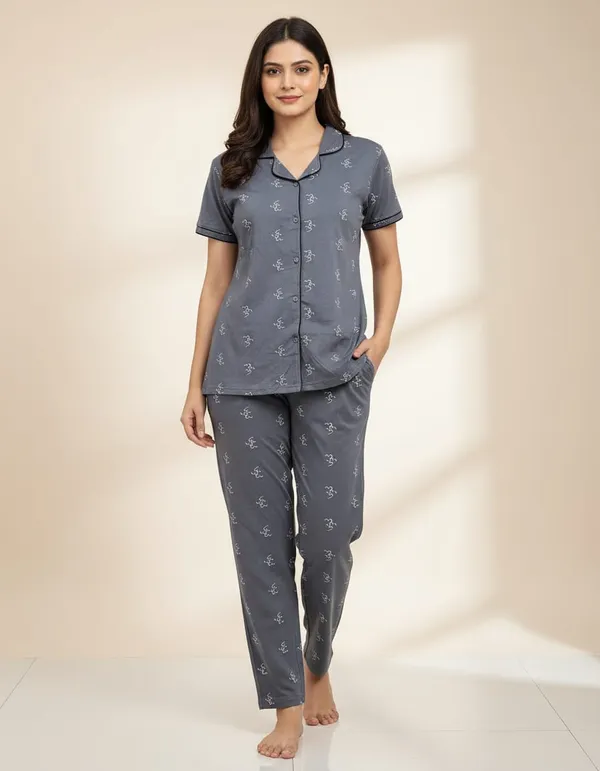 Grey_Satin_Floral_Printed_Loose_Fit_Night_Suit_Set_For_Women
