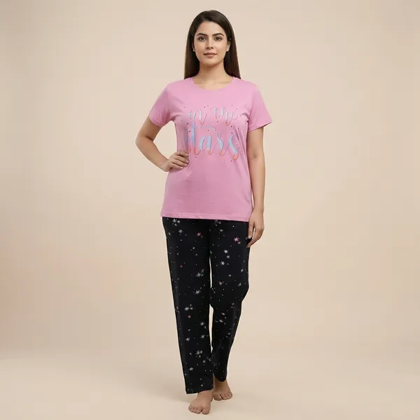 Pink_And_Black_Satin_Star_Print_Loose_Fit_Pajama_Set_For_Women