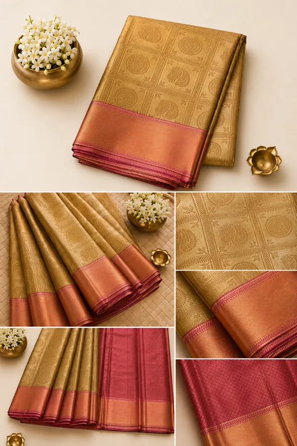 Antique_Gold_Semi_Kanjivaram_Saree_|_Zari_Medallion_&_Peacock_Motifs_–_SQ1022