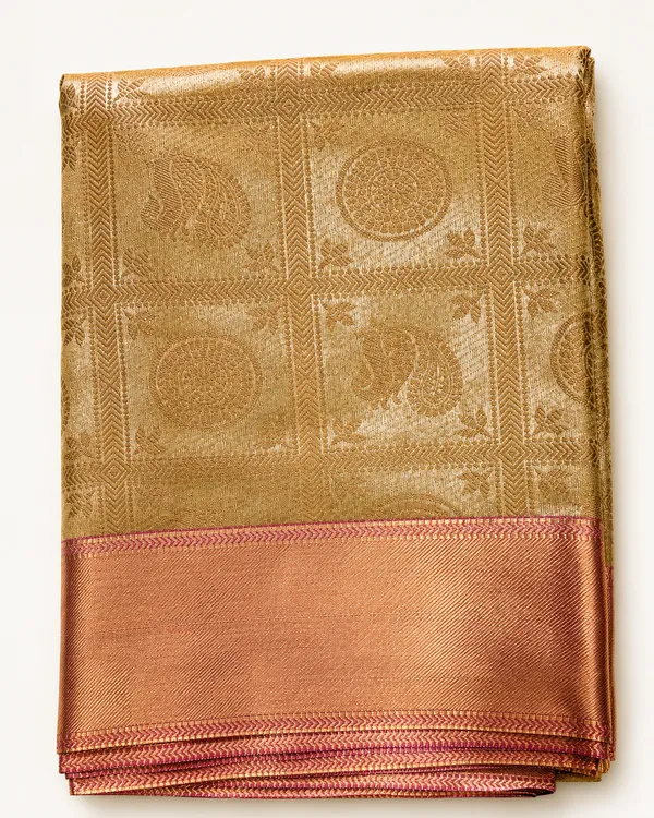 Antique_Gold_Semi_Kanjivaram_Saree_|_Zari_Medallion_&_Peacock_Motifs_–_SQ1022