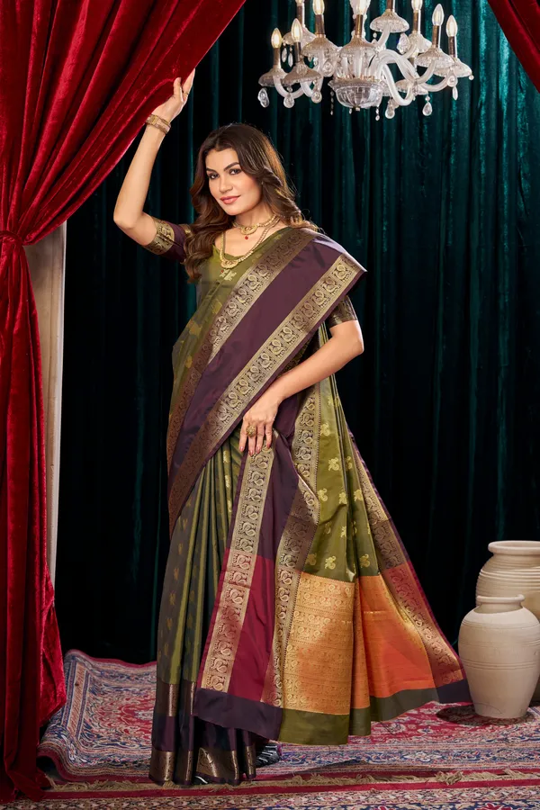Multicolor_Silk_Saree_With_Traditional_Zari_Gap_Border_(SQ1017)