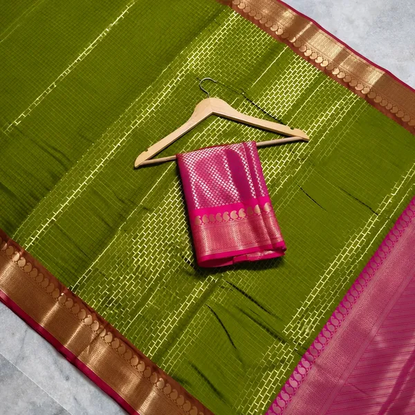 Olive_Green_Banarasi_Soft_Silk_Saree_With_Rani_Pink_Zari_Border_(SQ1009-02)
