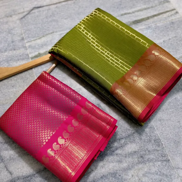 Olive_Green_Banarasi_Soft_Silk_Saree_With_Rani_Pink_Zari_Border_(SQ1009-02)