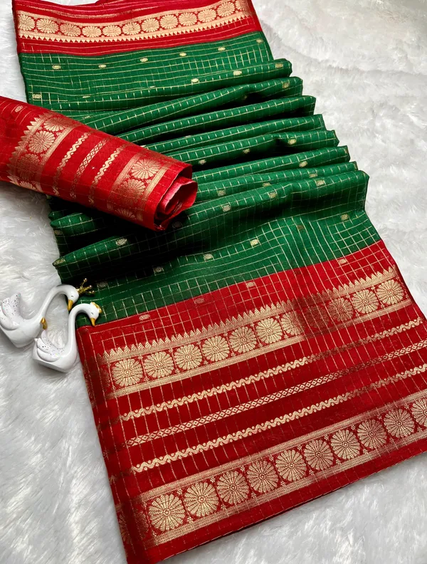 Premium_Bottle_Green_Dola_Silk_Saree_With_Red_Jacquard_Design_(SQ1002-03)